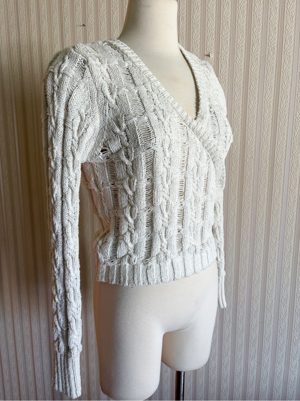Mango MNG Cream Cable-Texture V-Neck Sweater S